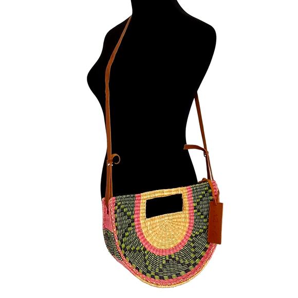 Nena & Co Ghana Hand Dyed Elephant Grass Crescent Straw Shoulder Bag Fair Trade